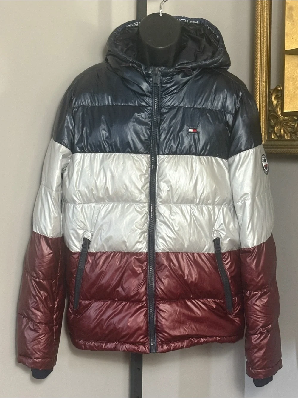 Tommy Hilfiger Small Jacket Puffer Nylon Hooded Colorblock Navy White Burgundy